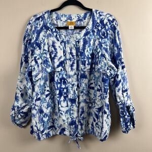 Ruby Rd Blue White AOP Jacket Size 16 Snap Button Up Front and Sleeves
